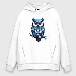 Толстовка оверсайз мужская Голубой филин на ветке, цвет: белый