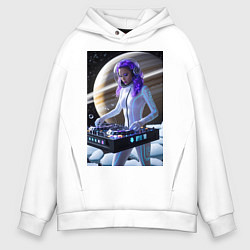 Толстовка оверсайз мужская Девушка космо DJ на фоне сатурна, цвет: белый