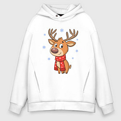 Толстовка оверсайз мужская Новогодний олень и снежинки, зима, цвет: белый