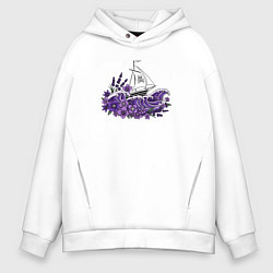 Толстовка оверсайз мужская Корабль в фиолетовых волнах, цвет: белый