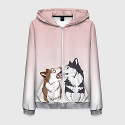 Толстовка 3D на молнии мужская Хаски играют, цвет: 3D-меланж