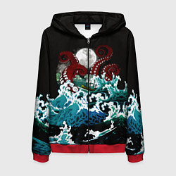 Толстовка 3D на молнии мужская Корабль на Волнах Кракен, цвет: 3D-красный