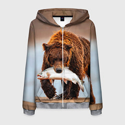 Толстовка 3D на молнии мужская Медведь с рыбой во рту, цвет: 3D-меланж
