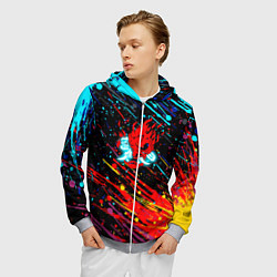 Толстовка 3D на молнии мужская Cyberpunk 2077 Цветные брызги, цвет: 3D-меланж — фото 2