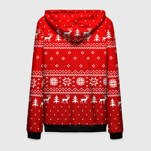 Мужская толстовка на молнии Красный узор с оленями / 3D-Черный – фото 2