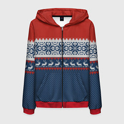 Толстовка 3D на молнии мужская НОВОГОДНИЙ УЗОР С ОЛЕНЯМИ, цвет: 3D-красный