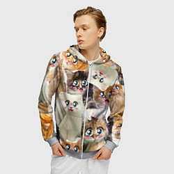 Толстовка 3D на молнии мужская Много кошек с большими анимэ глазами, цвет: 3D-меланж — фото 2