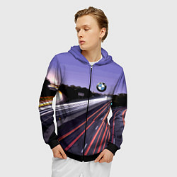 Толстовка 3D на молнии мужская BMW Ночная трасса, цвет: 3D-черный — фото 2