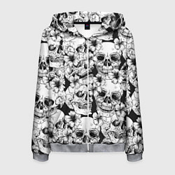Мужская толстовка на молнии Чёрно белые черепа и маки