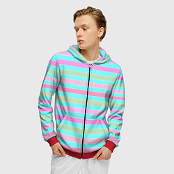 Толстовка 3D на молнии мужская Pink turquoise stripes horizontal Полосатый узор, цвет: 3D-красный — фото 2