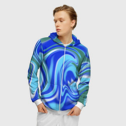 Толстовка 3D на молнии мужская Тай-дай с синим, зелёным и белым цветом, цвет: 3D-белый — фото 2