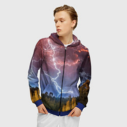 Толстовка 3D на молнии мужская Грозовые разряды молний над лесом, цвет: 3D-синий — фото 2