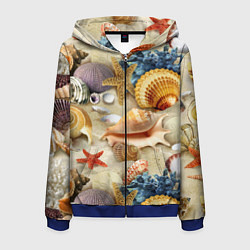 Толстовка 3D на молнии мужская Морские раковины, кораллы, морские звёзды на песке, цвет: 3D-синий