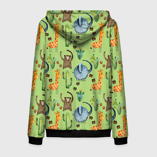 Мужская толстовка на молнии Африканские животные - слон обезьянка жираф / 3D-Черный – фото 2