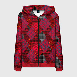 Толстовка 3D на молнии мужская Красный лоскутный узор пэчворк, цвет: 3D-красный