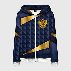Толстовка 3D на молнии мужская Золотой герб России на объемном синим фоне, цвет: 3D-белый