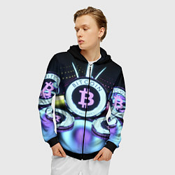 Толстовка 3D на молнии мужская Неоновый светящийся биткоин, цвет: 3D-черный — фото 2