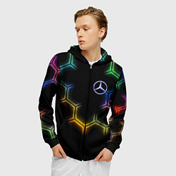 Толстовка 3D на молнии мужская Mercedes - neon pattern, цвет: 3D-черный — фото 2