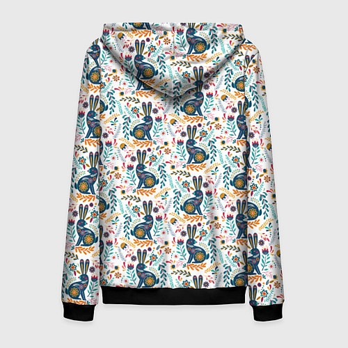Мужская толстовка на молнии Новогодний паттерн - Кролики и веточки / 3D-Черный – фото 2