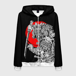 Толстовка 3D на молнии мужская Самурай с мечом на черном фоне, цвет: 3D-белый
