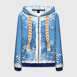 Толстовка 3D на молнии мужская Снегурочка с косами, цвет: 3D-синий
