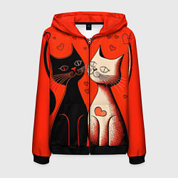 Толстовка 3D на молнии мужская Влюблённые кошки на красном фоне, цвет: 3D-черный