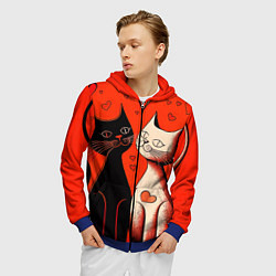 Толстовка 3D на молнии мужская Влюблённые кошки на красном фоне, цвет: 3D-синий — фото 2