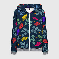 Толстовка 3D на молнии мужская Листья и цветы, цвет: 3D-меланж