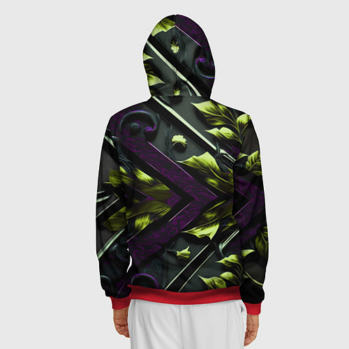 Мужская толстовка на молнии Зеленые листья и фиолетовые вставки / 3D-Красный – фото 4