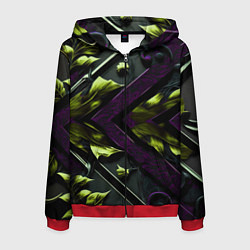 Толстовка 3D на молнии мужская Зеленые листья и фиолетовые вставки, цвет: 3D-красный