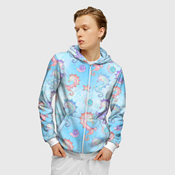 Толстовка 3D на молнии мужская Морские коньки - паттерн, цвет: 3D-белый — фото 2