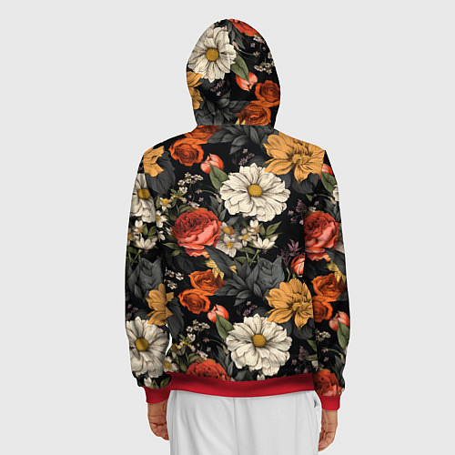 Мужская толстовка на молнии Цветочный паттерн на черном / 3D-Красный – фото 4