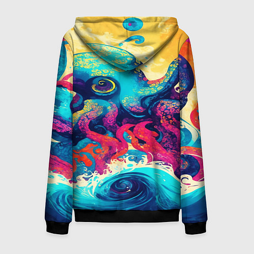 Мужская толстовка на молнии Разноцветный осьминог на волнах красок / 3D-Черный – фото 2