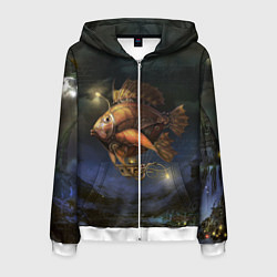 Толстовка 3D на молнии мужская Рыба-дирижабль в ночи, цвет: 3D-белый