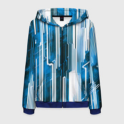Толстовка 3D на молнии мужская Киберпанк полосы белый и синий, цвет: 3D-синий