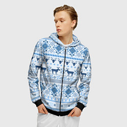 Толстовка 3D на молнии мужская Blue sweater with reindeer, цвет: 3D-черный — фото 2
