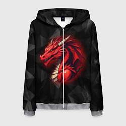Мужская толстовка на молнии Красный дракон на полигональном черном фоне