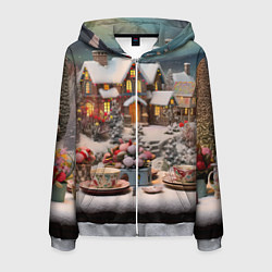 Толстовка 3D на молнии мужская Объемные новогодние домики, цвет: 3D-меланж