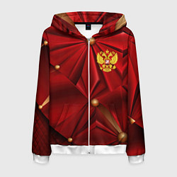 Толстовка 3D на молнии мужская Золотой герб России на красной абстракции, цвет: 3D-белый