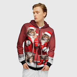 Толстовка 3D на молнии мужская С новым котом - два кота в костюмах Санты, цвет: 3D-черный — фото 2