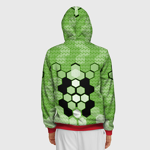 Мужская толстовка на молнии Зелёная кибер броня hexagons / 3D-Красный – фото 4