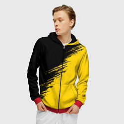 Толстовка 3D на молнии мужская Черные штрихи на желтом фоне, цвет: 3D-красный — фото 2