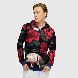 Толстовка 3D на молнии мужская Черепа с красными розами, цвет: 3D-синий — фото 2