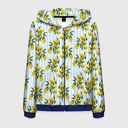 Толстовка 3D на молнии мужская Ветка летних лимонов - голубые полосы, цвет: 3D-синий