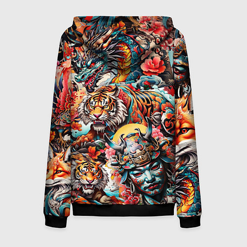 Мужская толстовка на молнии Японская татуировка дракона тигра и самурая / 3D-Черный – фото 2