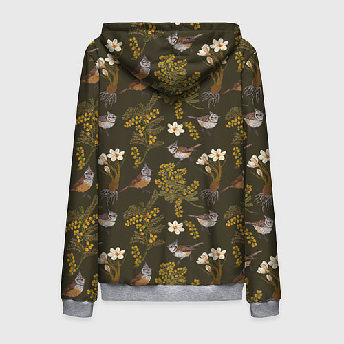 Мужская толстовка на молнии Хохлатые синицы и мимоза паттерн / 3D-Меланж – фото 2
