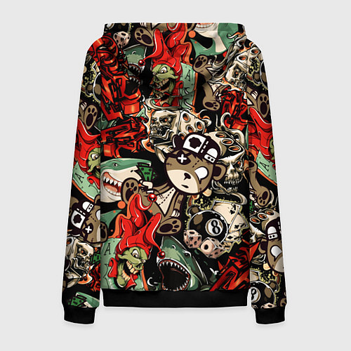 Мужская толстовка на молнии Граффити плюшевого медведя среди акул азарта / 3D-Черный – фото 2