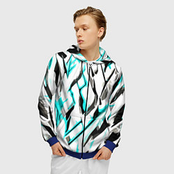 Толстовка 3D на молнии мужская Чёрно-голубые агрессивные полосы на белом фоне, цвет: 3D-синий — фото 2