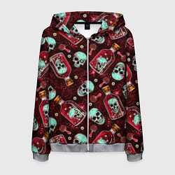 Толстовка 3D на молнии мужская Череп в бутылке паттерн, цвет: 3D-меланж