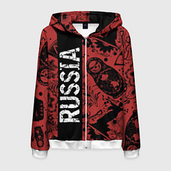 Толстовка 3D на молнии мужская Россия на фоне матрёшек балалайки и славянских узо, цвет: 3D-белый